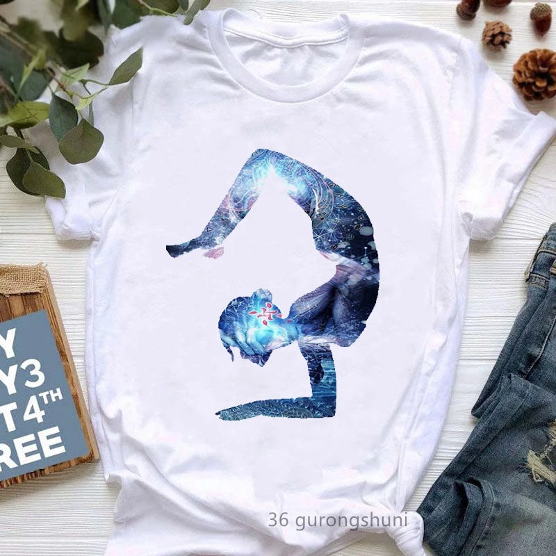 Yoga Tree Growing From A Lady Print Tshirt Girls White Funny Casual T Shirt Femme Buddha Chakra Meditation T-Shirt Women Tops
