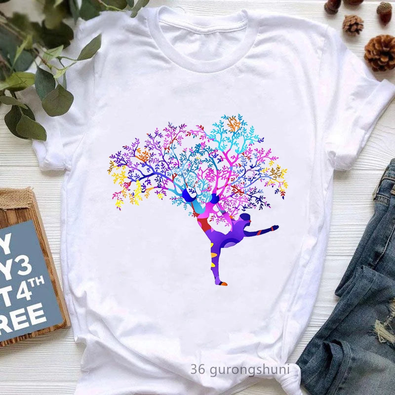 Yoga Tree Growing From A Lady Print Tshirt Girls White Funny Casual T Shirt Femme Buddha Chakra Meditation T-Shirt Women Tops