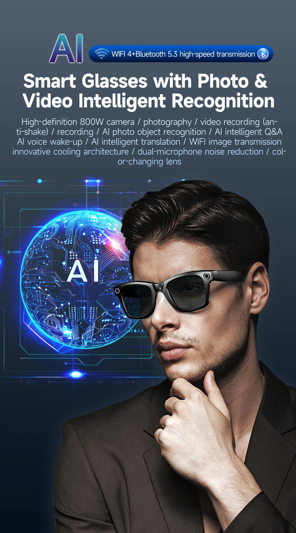 AI Smart Glasses with 8MP Camera Video Recording 100+ Languages Translation