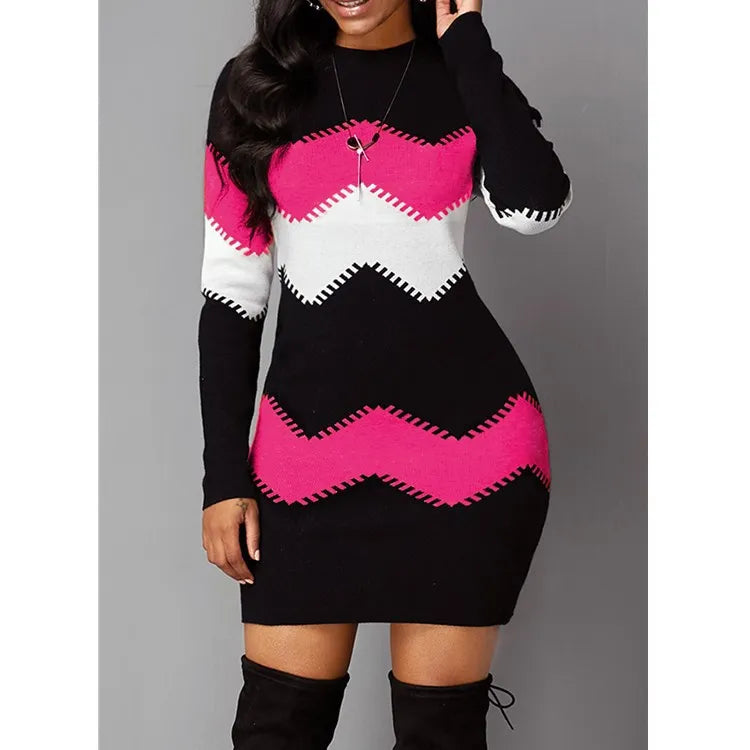 Women Elegant Patchwork Long Sleeve Warm Dress Autumn Winter Rib Knit Sweater Dress Casual Turtleneck Pullover Mini Dresses