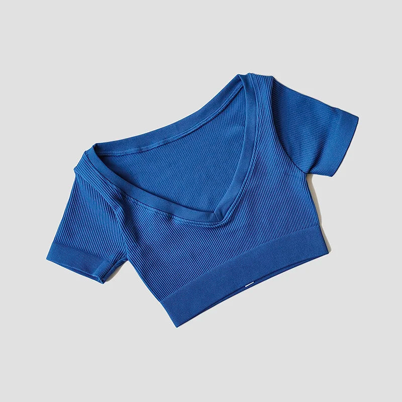 Women's Seamless Tops Short Sleeve Deep V Neck Yoga Shirts Fitness Crop Top Women Yoga Shirts Sportswear Gym Clothes