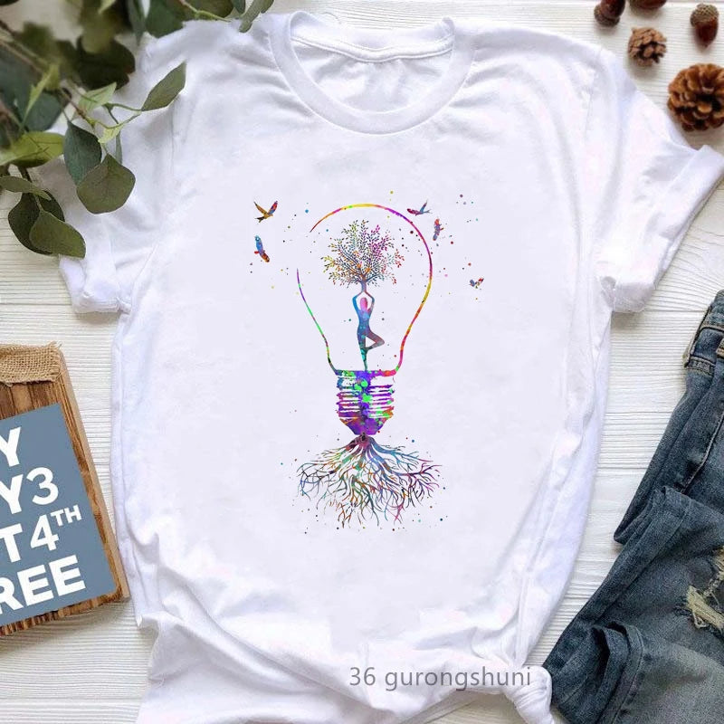 Yoga Tree Growing From A Lady Print Tshirt Girls White Funny Casual T Shirt Femme Buddha Chakra Meditation T-Shirt Women Tops