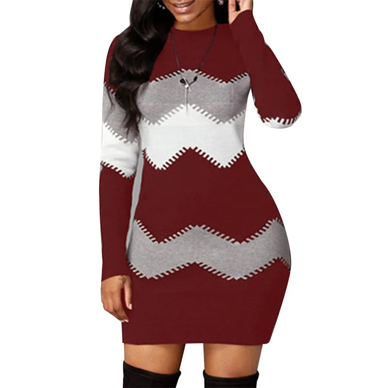 Women Elegant Patchwork Long Sleeve Warm Dress Autumn Winter Rib Knit Sweater Dress Casual Turtleneck Pullover Mini Dresses