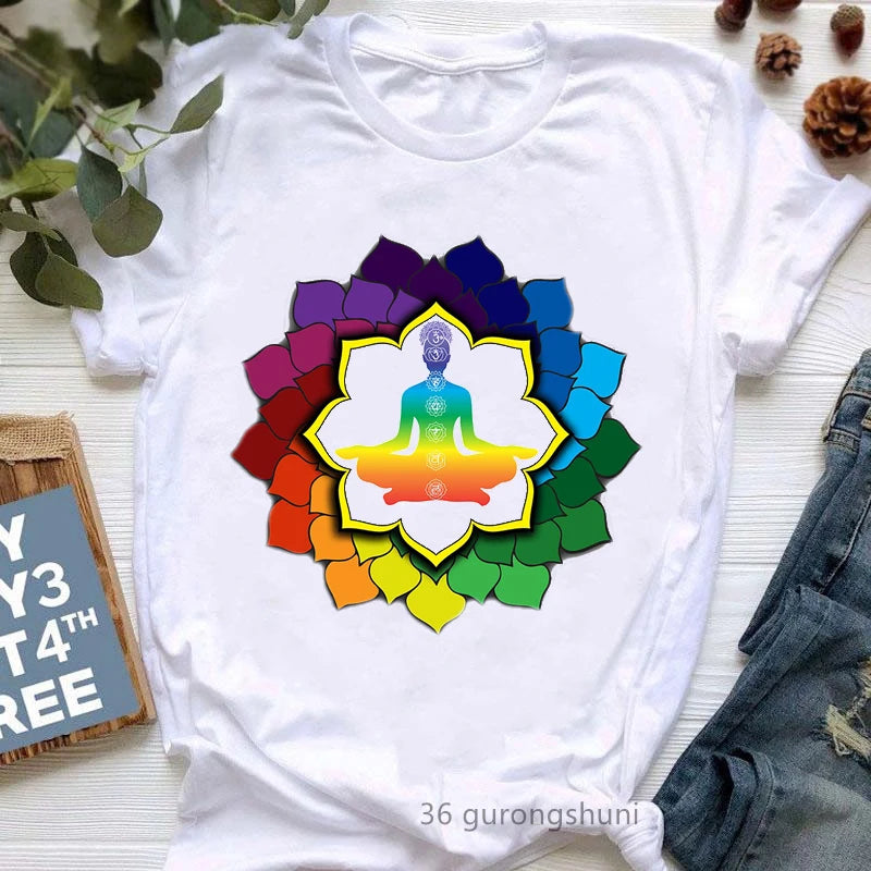 Yoga Tree Growing From A Lady Print Tshirt Girls White Funny Casual T Shirt Femme Buddha Chakra Meditation T-Shirt Women Tops