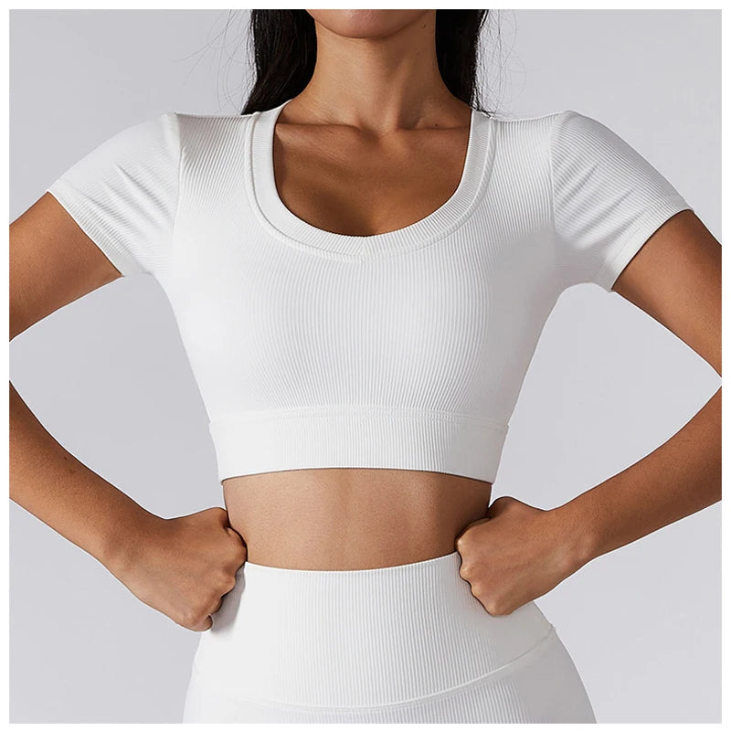 Women's Seamless Tops Short Sleeve Deep V Neck Yoga Shirts Fitness Crop Top Women Yoga Shirts Sportswear Gym Clothes