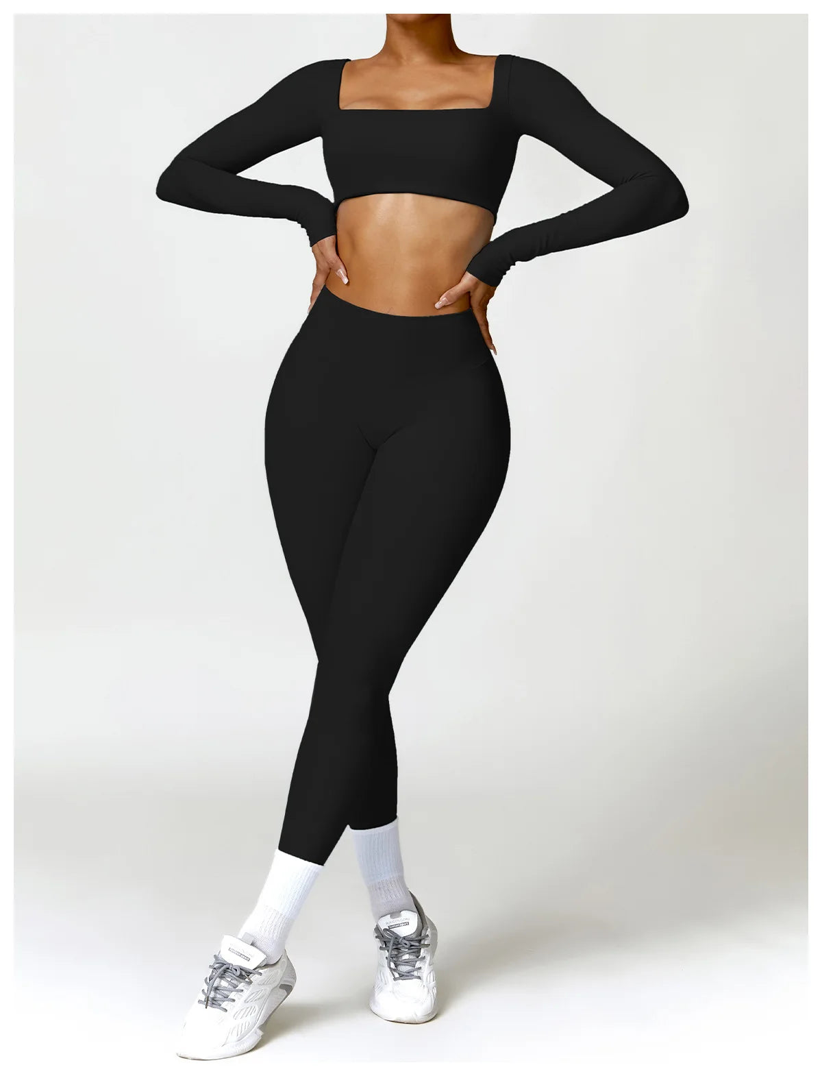 Hearuisavy Casual Quick Dry Sportswear Women Square Neck Gym Top Women Fitness Sports Crop Top Female Long Sleeve Yoga Clothing