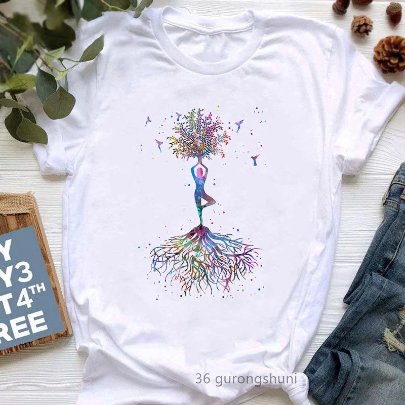 Yoga Tree Growing From A Lady Print Tshirt Girls White Funny Casual T Shirt Femme Buddha Chakra Meditation T-Shirt Women Tops