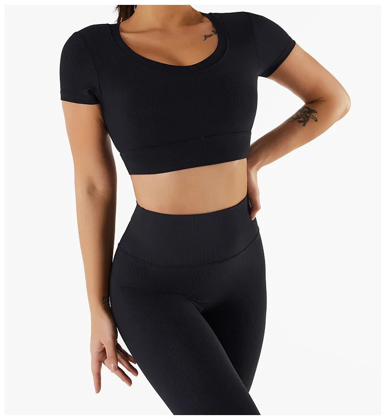 Women's Seamless Tops Short Sleeve Deep V Neck Yoga Shirts Fitness Crop Top Women Yoga Shirts Sportswear Gym Clothes