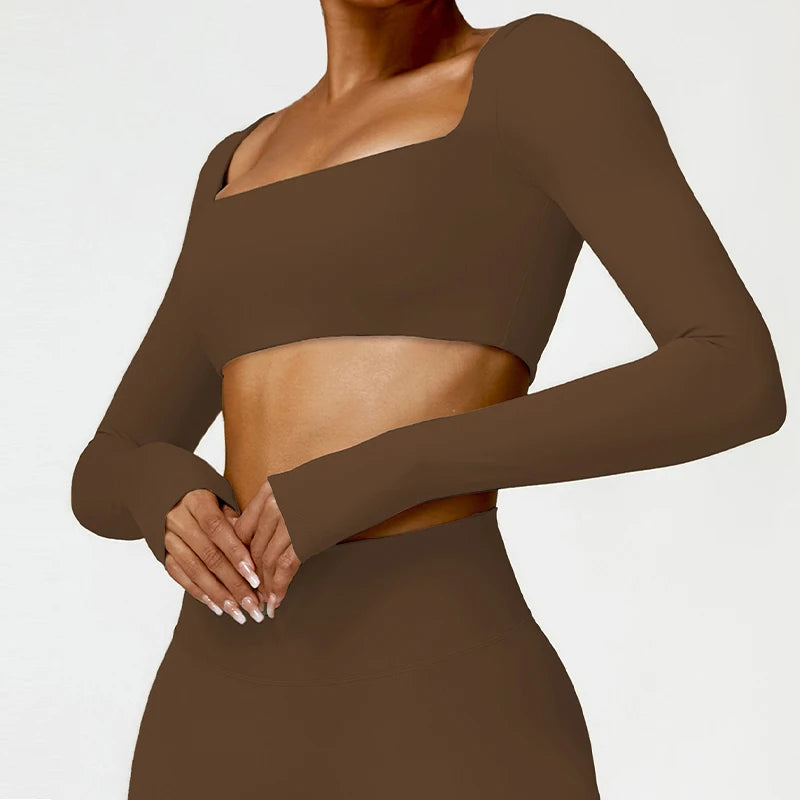 Hearuisavy Casual Quick Dry Sportswear Women Square Neck Gym Top Women Fitness Sports Crop Top Female Long Sleeve Yoga Clothing