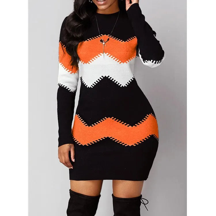 Women Elegant Patchwork Long Sleeve Warm Dress Autumn Winter Rib Knit Sweater Dress Casual Turtleneck Pullover Mini Dresses