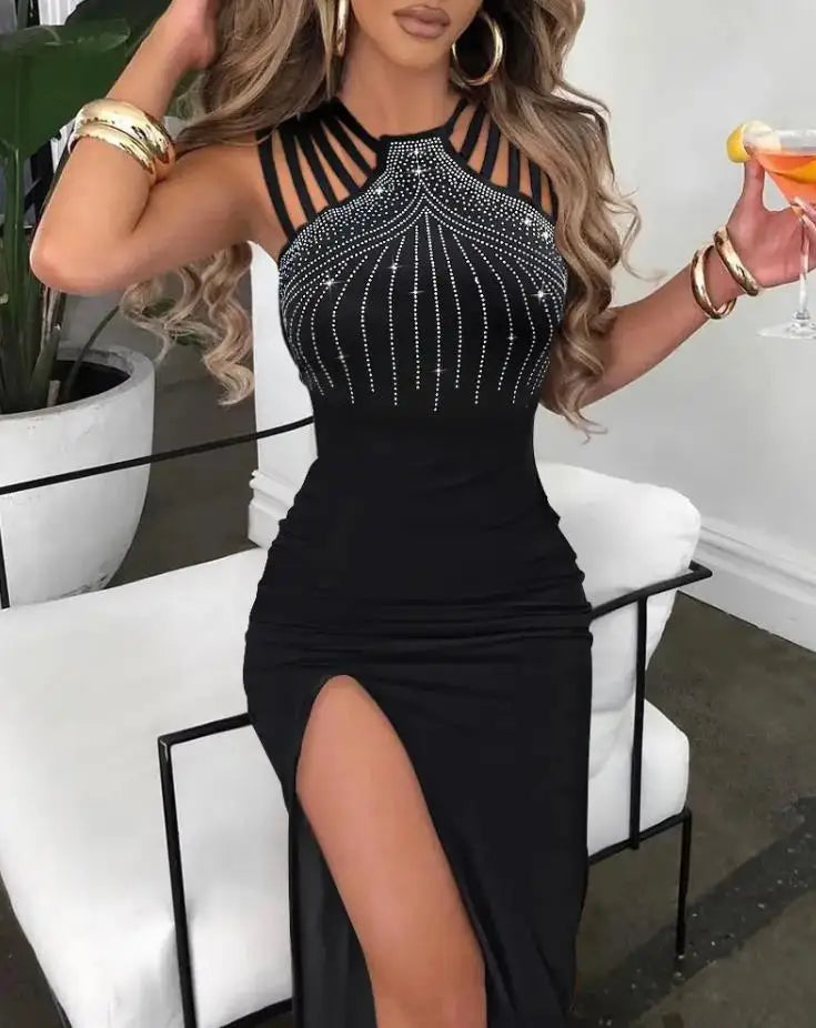 Sexy Women Dresses Rhinestone Decor Elegant Fashion Multi-Strap High Slit O-Neck Sleeveless Maxi Skinny Party Dress 2022 Summer