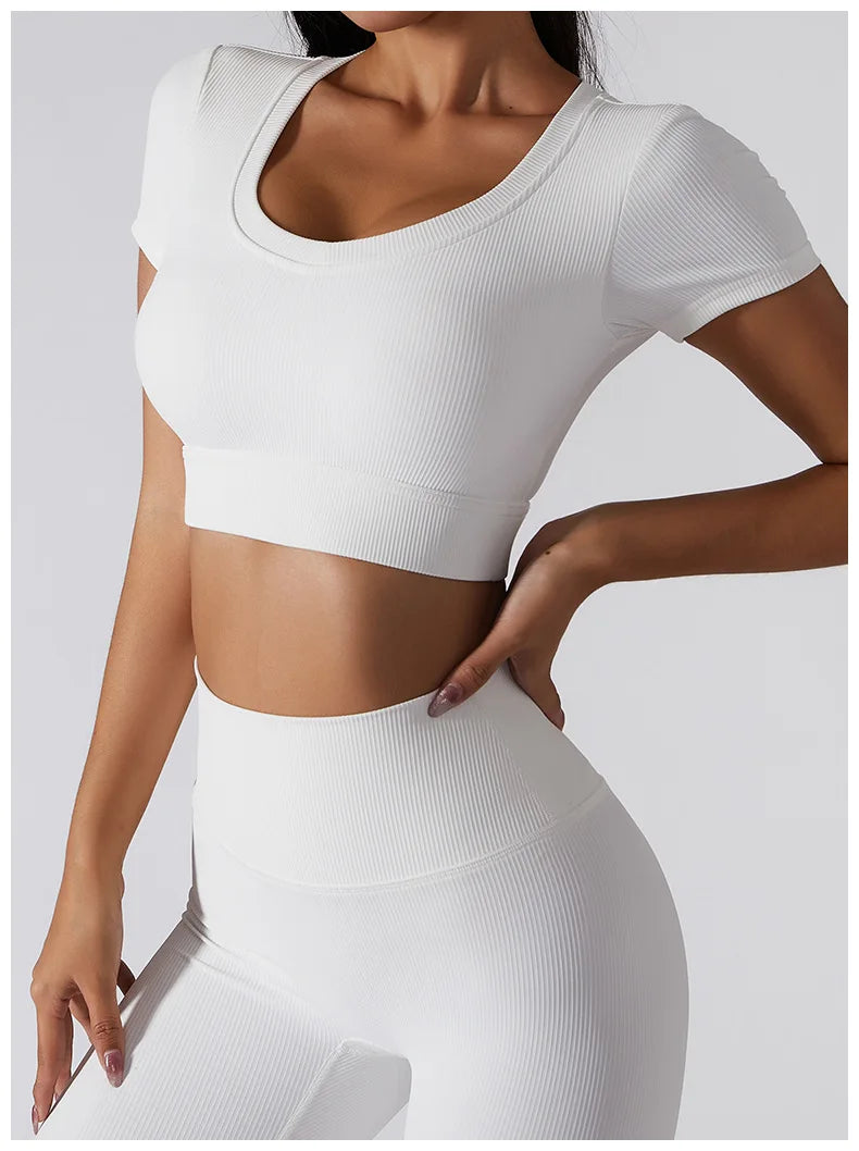 Women's Seamless Tops Short Sleeve Deep V Neck Yoga Shirts Fitness Crop Top Women Yoga Shirts Sportswear Gym Clothes
