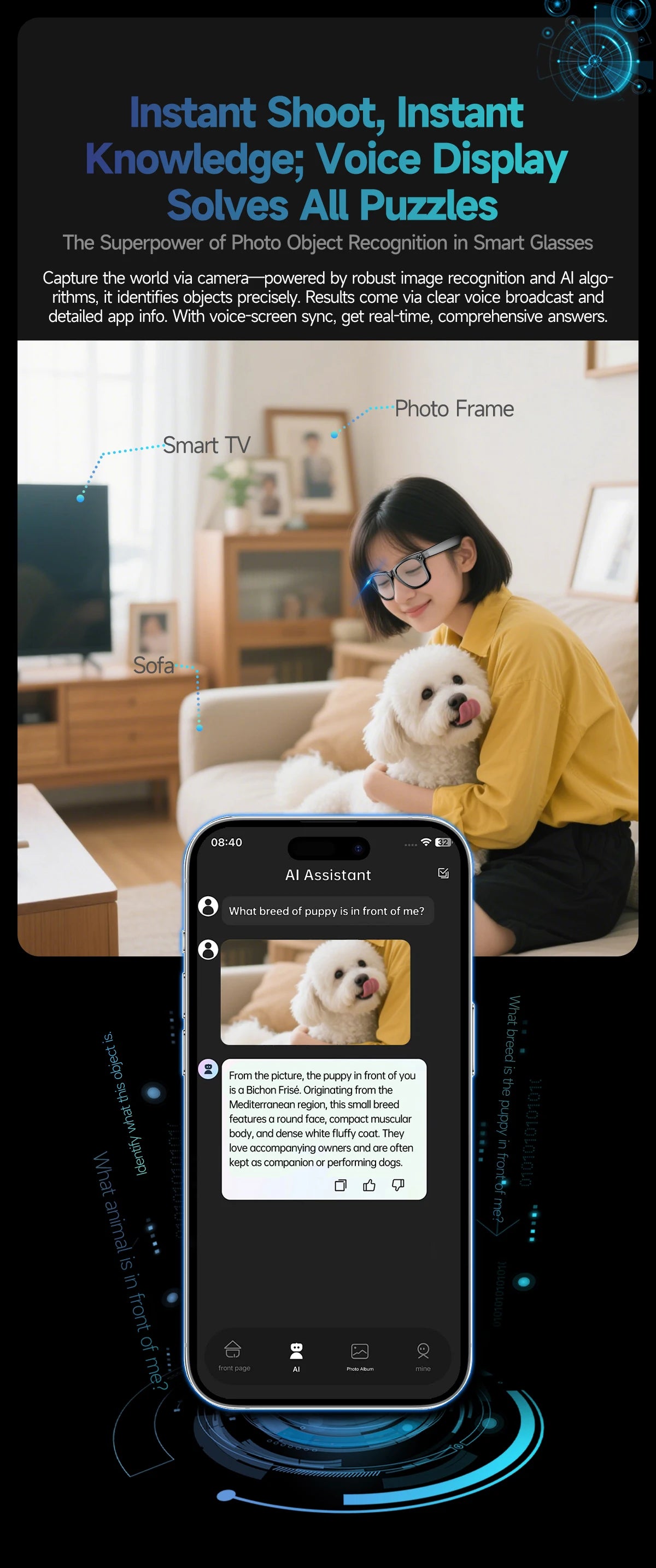 AI Smart Glasses with 8MP Camera Video Recording 100+ Languages Translation