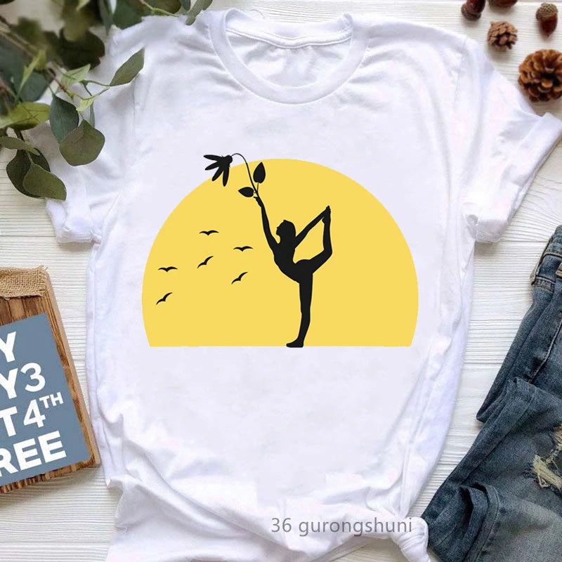 Yoga Tree Growing From A Lady Print Tshirt Girls White Funny Casual T Shirt Femme Buddha Chakra Meditation T-Shirt Women Tops
