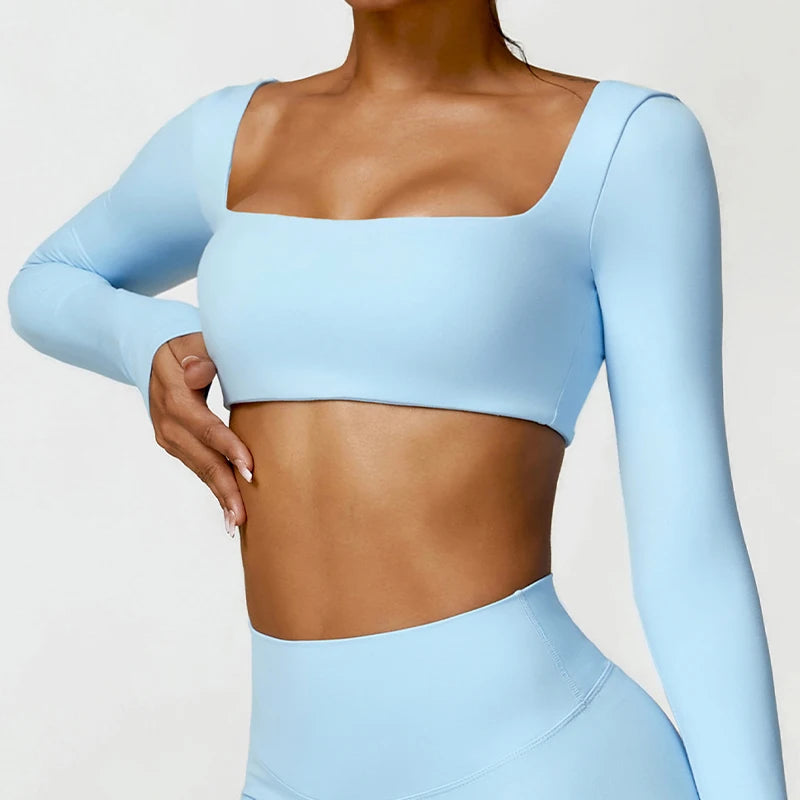 Hearuisavy Casual Quick Dry Sportswear Women Square Neck Gym Top Women Fitness Sports Crop Top Female Long Sleeve Yoga Clothing