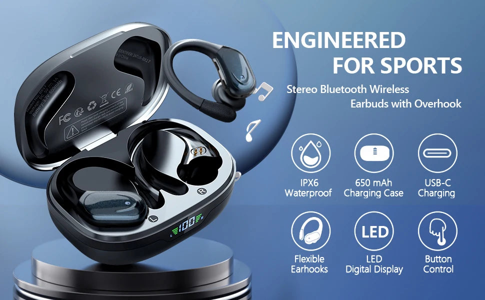 Bluetooth 5.3 Earphones Ear hooks Waterproof Headset for Sports