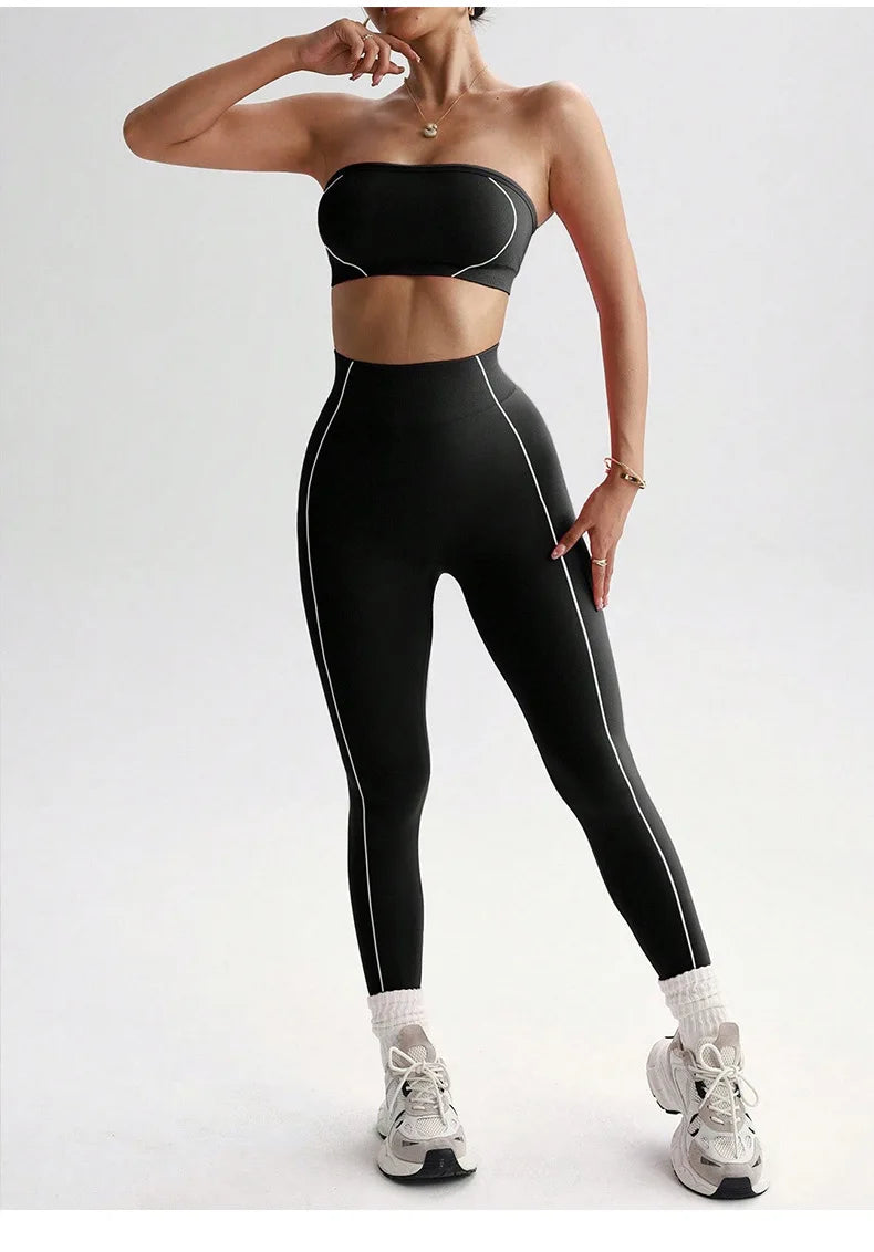 Yoga wear set, women's color-blocking corset top, peach-butt slim-fit long pants, fitness sportswear