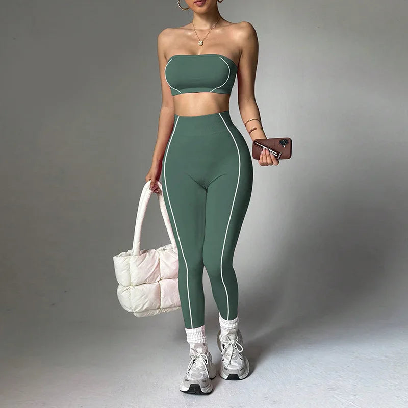 Yoga wear set, women's color-blocking corset top, peach-butt slim-fit long pants, fitness sportswear