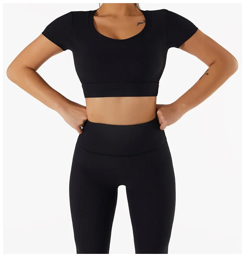 Women's Seamless Tops Short Sleeve Deep V Neck Yoga Shirts Fitness Crop Top Women Yoga Shirts Sportswear Gym Clothes