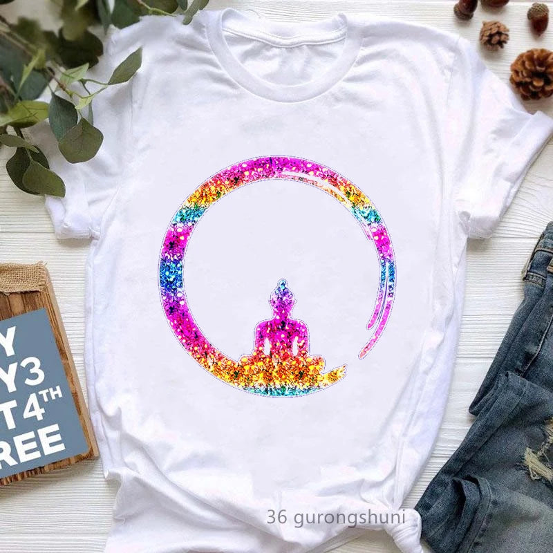 Yoga Tree Growing From A Lady Print Tshirt Girls White Funny Casual T Shirt Femme Buddha Chakra Meditation T-Shirt Women Tops