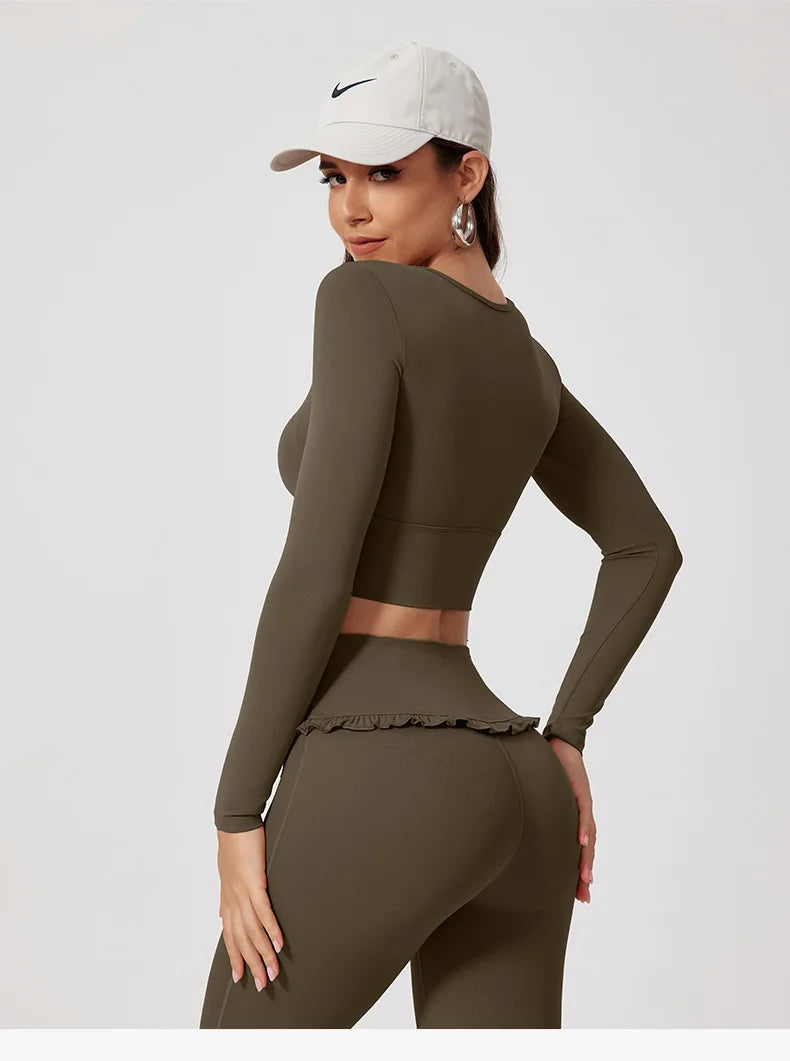 Fall/Winter 2Pcs Women Gym Yoga Female Outfit Outdoor Sports Quick-Dry Long-Sleeved Shirt Set Woman Two-Piece Suit Sportswear