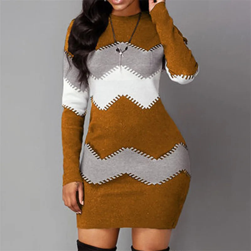Women Elegant Patchwork Long Sleeve Warm Dress Autumn Winter Rib Knit Sweater Dress Casual Turtleneck Pullover Mini Dresses