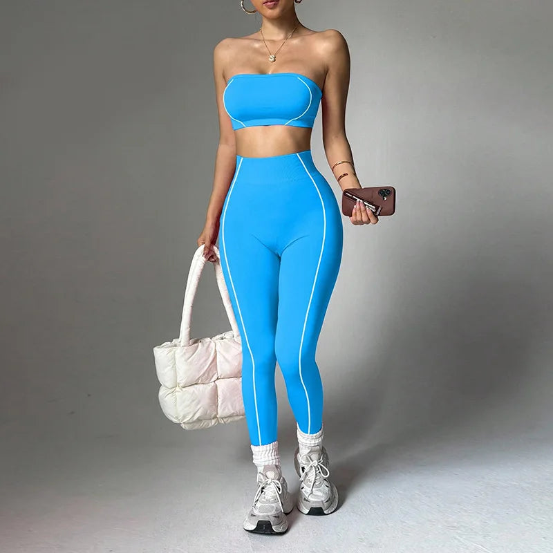 Yoga wear set, women's color-blocking corset top, peach-butt slim-fit long pants, fitness sportswear