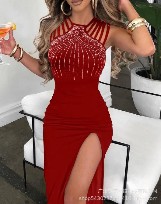 Sexy Women Dresses Rhinestone Decor Elegant Fashion Multi-Strap High Slit O-Neck Sleeveless Maxi Skinny Party Dress 2022 Summer