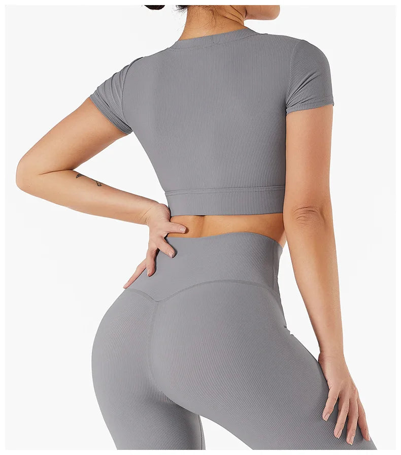 Women's Seamless Tops Short Sleeve Deep V Neck Yoga Shirts Fitness Crop Top Women Yoga Shirts Sportswear Gym Clothes