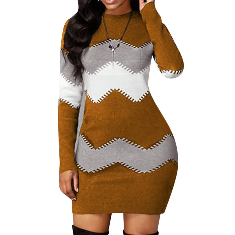 Women Elegant Patchwork Long Sleeve Warm Dress Autumn Winter Rib Knit Sweater Dress Casual Turtleneck Pullover Mini Dresses