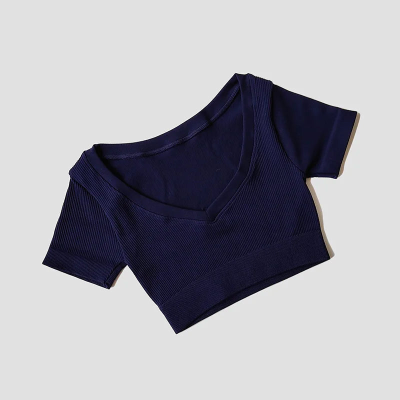 Women's Seamless Tops Short Sleeve Deep V Neck Yoga Shirts Fitness Crop Top Women Yoga Shirts Sportswear Gym Clothes