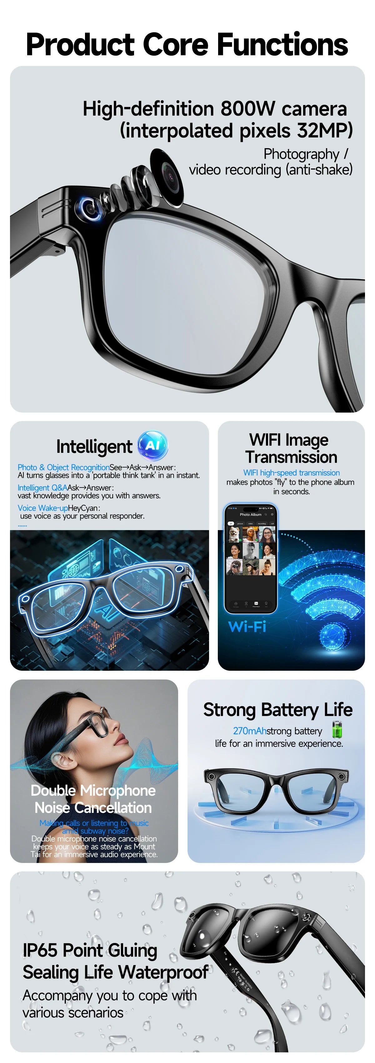 AI Smart Glasses with 8MP Camera Video Recording 100+ Languages Translation