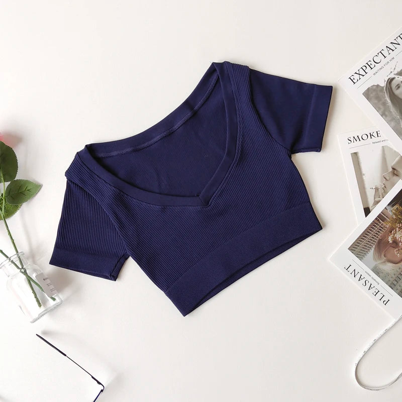 Women's Seamless Tops Short Sleeve Deep V Neck Yoga Shirts Fitness Crop Top Women Yoga Shirts Sportswear Gym Clothes