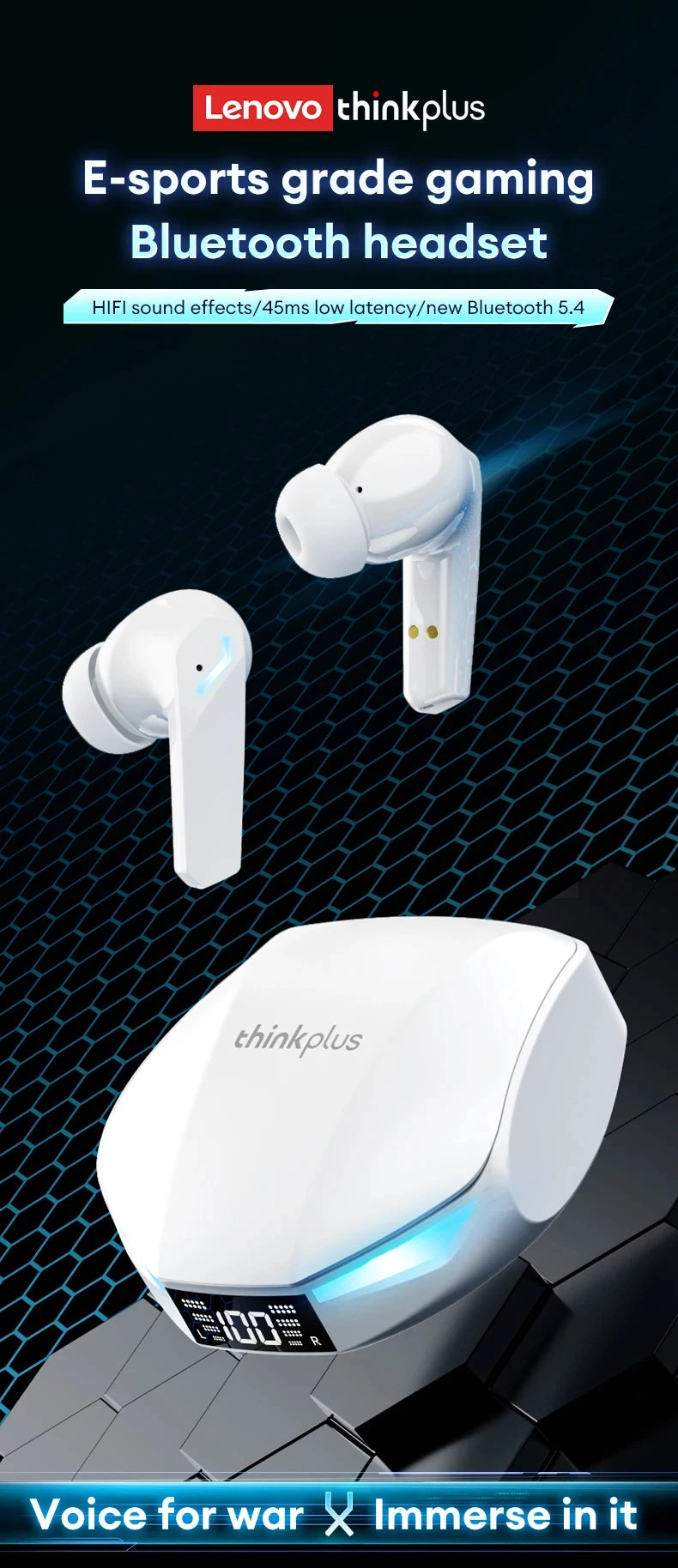Original Lenovo XT53 Bluetooth V5.4 Earphones LED Power Display Gaming Headphones