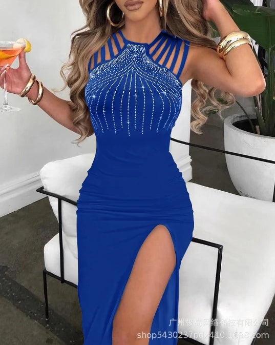 Sexy Women Dresses Rhinestone Decor Elegant Fashion Multi-Strap High Slit O-Neck Sleeveless Maxi Skinny Party Dress 2022 Summer