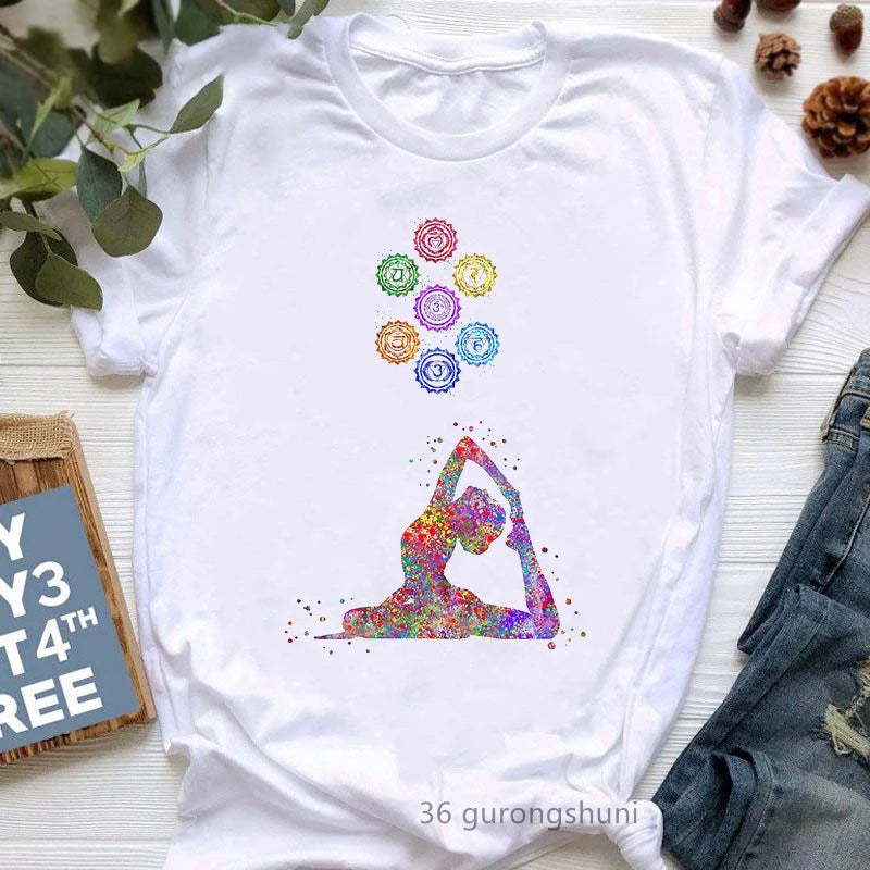 Yoga Tree Growing From A Lady Print Tshirt Girls White Funny Casual T Shirt Femme Buddha Chakra Meditation T-Shirt Women Tops