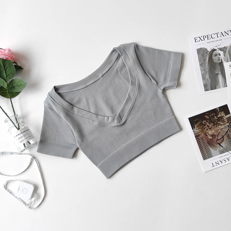 Women's Seamless Tops Short Sleeve Deep V Neck Yoga Shirts Fitness Crop Top Women Yoga Shirts Sportswear Gym Clothes