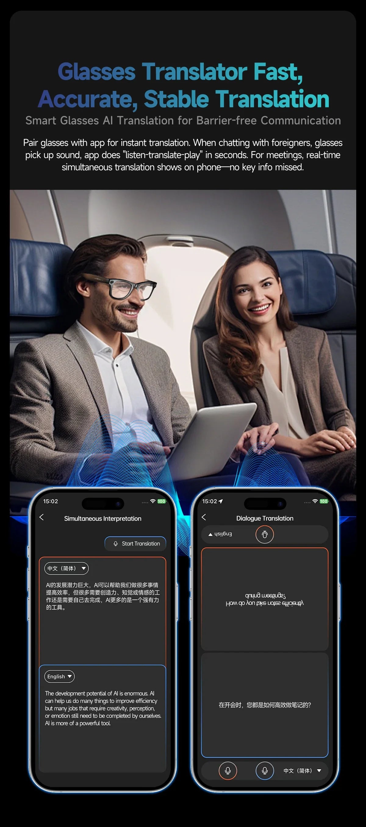 AI Smart Glasses with 8MP Camera Video Recording 100+ Languages Translation
