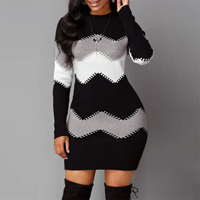 Women Elegant Patchwork Long Sleeve Warm Dress Autumn Winter Rib Knit Sweater Dress Casual Turtleneck Pullover Mini Dresses