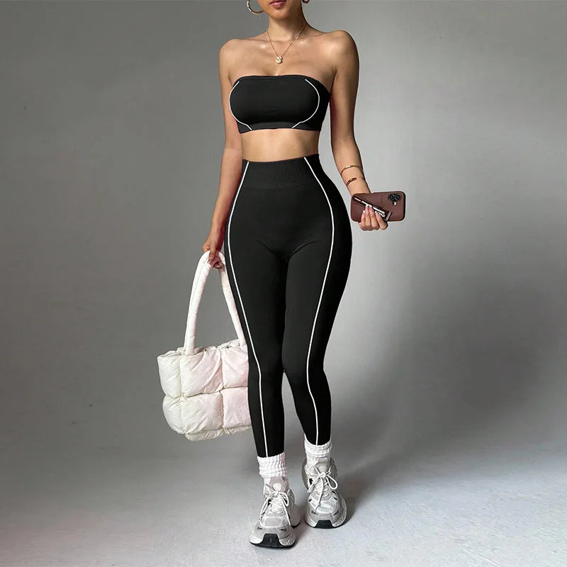 Yoga wear set, women's color-blocking corset top, peach-butt slim-fit long pants, fitness sportswear