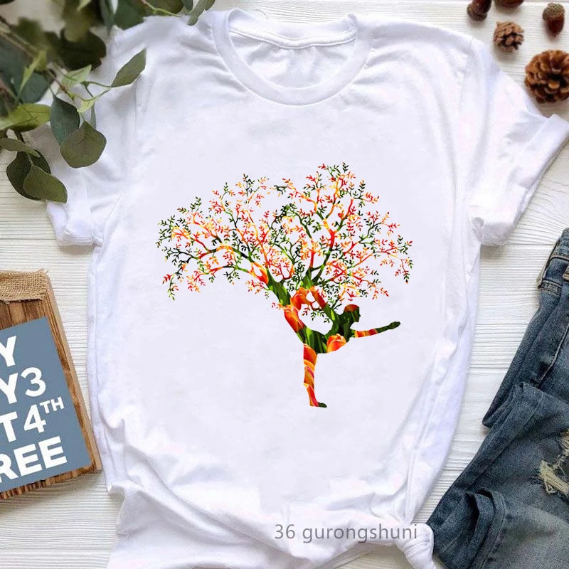 Yoga Tree Growing From A Lady Print Tshirt Girls White Funny Casual T Shirt Femme Buddha Chakra Meditation T-Shirt Women Tops