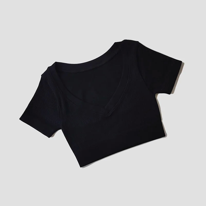 Women's Seamless Tops Short Sleeve Deep V Neck Yoga Shirts Fitness Crop Top Women Yoga Shirts Sportswear Gym Clothes