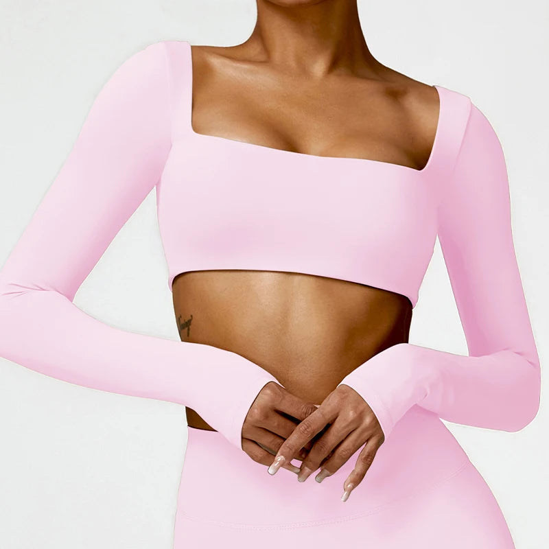Hearuisavy Casual Quick Dry Sportswear Women Square Neck Gym Top Women Fitness Sports Crop Top Female Long Sleeve Yoga Clothing