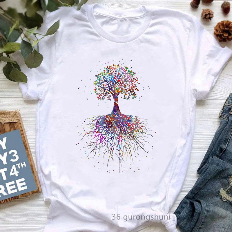 Yoga Tree Growing From A Lady Print Tshirt Girls White Funny Casual T Shirt Femme Buddha Chakra Meditation T-Shirt Women Tops