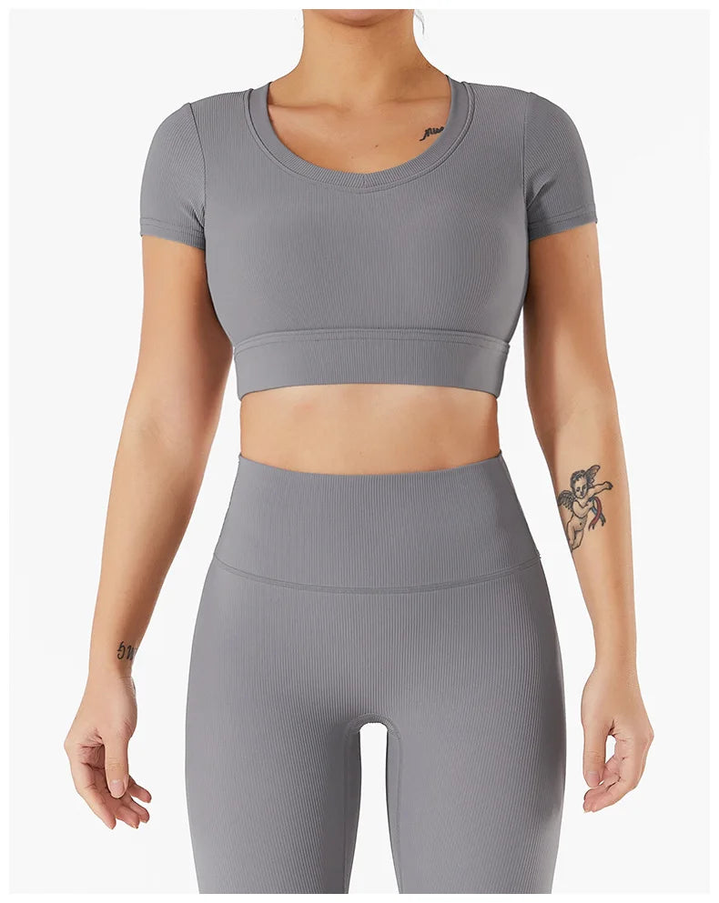Women's Seamless Tops Short Sleeve Deep V Neck Yoga Shirts Fitness Crop Top Women Yoga Shirts Sportswear Gym Clothes