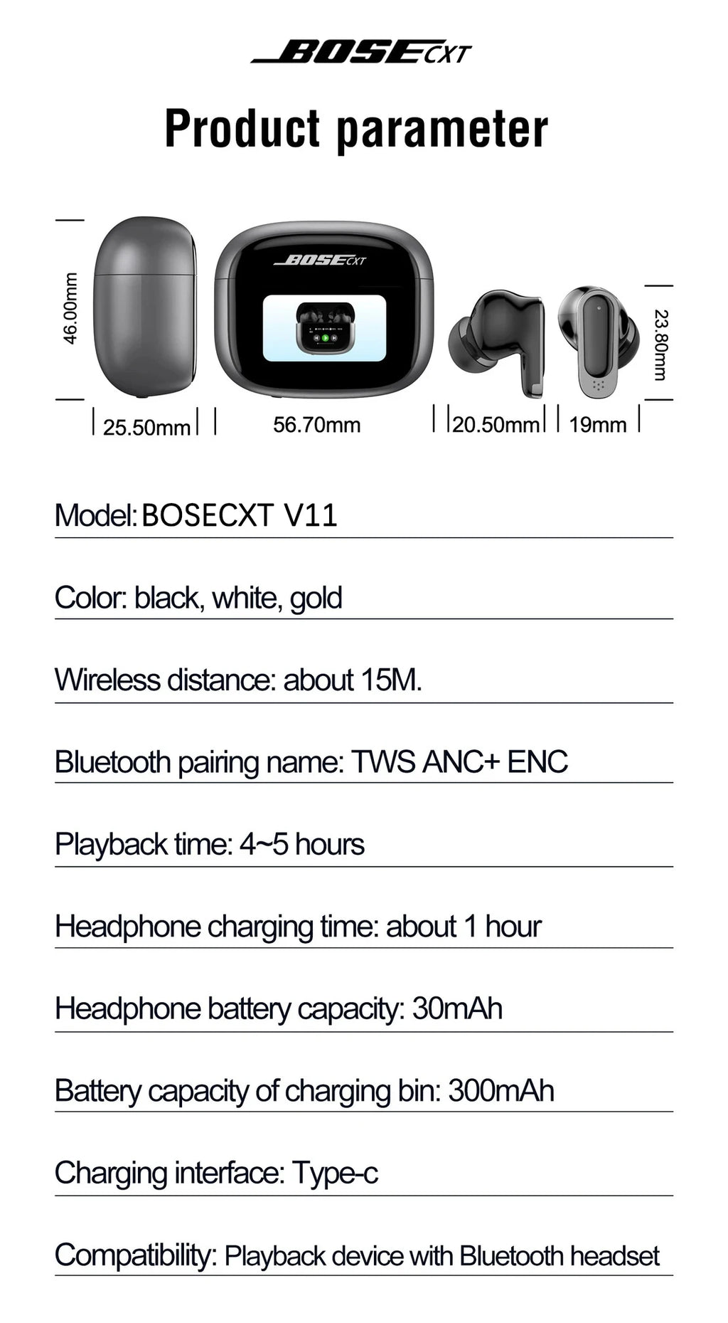 BOSECXT V11 TWS Wireless Earphones Touch Screen Digital Display