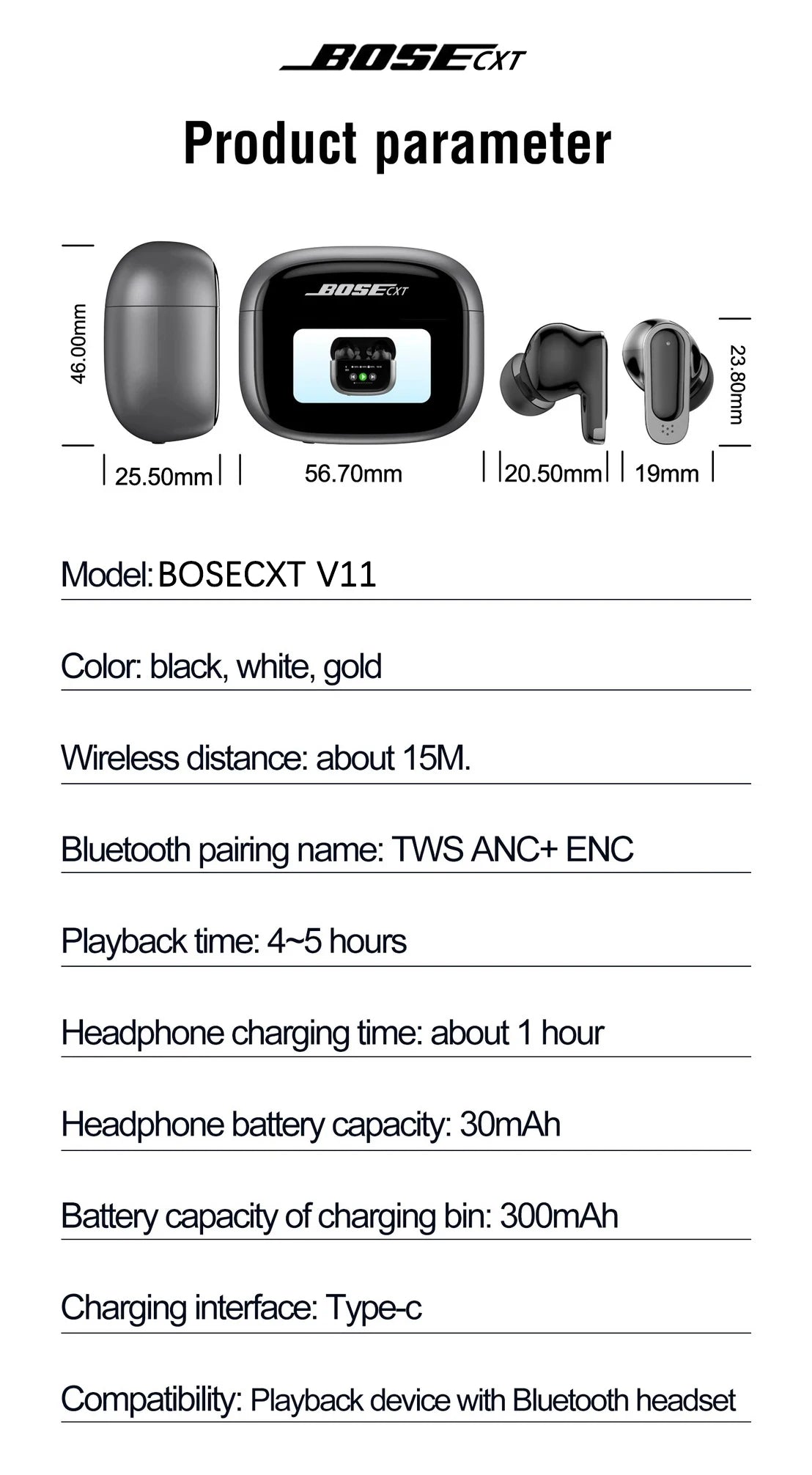 BOSECXT V11 TWS Wireless Earphones Touch Screen Digital Display