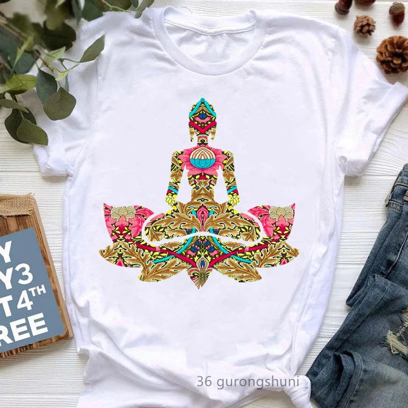 Yoga Tree Growing From A Lady Print Tshirt Girls White Funny Casual T Shirt Femme Buddha Chakra Meditation T-Shirt Women Tops