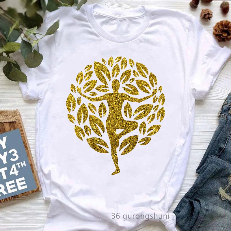 Yoga Tree Growing From A Lady Print Tshirt Girls White Funny Casual T Shirt Femme Buddha Chakra Meditation T-Shirt Women Tops