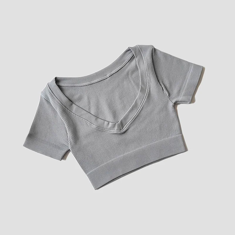 Women's Seamless Tops Short Sleeve Deep V Neck Yoga Shirts Fitness Crop Top Women Yoga Shirts Sportswear Gym Clothes